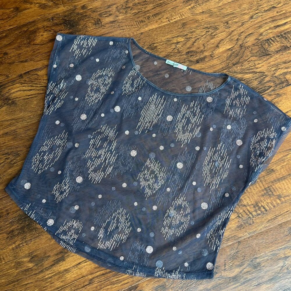 Dark Brown and Metallic Gold Details Mesh Shirt Blouse